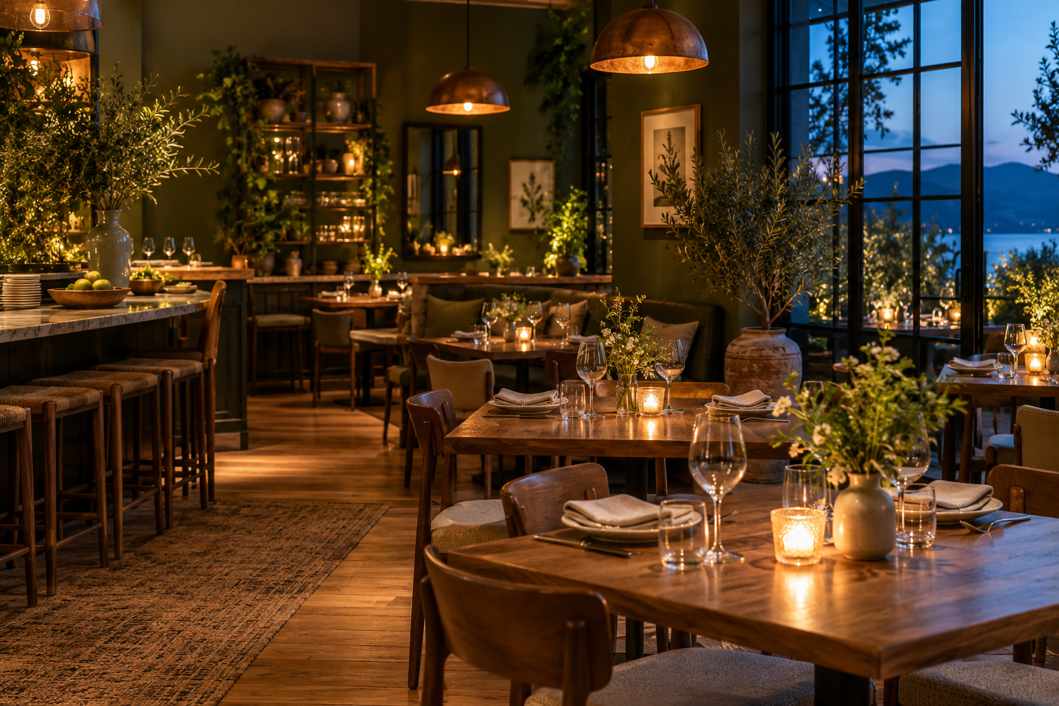 An intimate bistro with warm timber tables, dark olive walls, garden plants, and amber lighting
